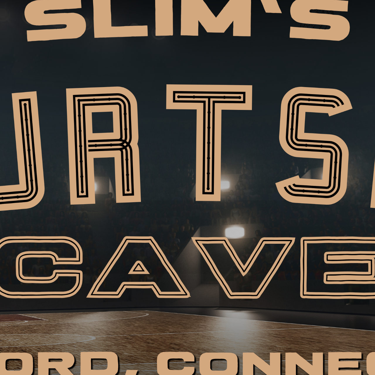 Personalized Basketball Sign featuring SLIM'S COURTSIDE CAVE with bold graphics, perfect for a man cave decor.
