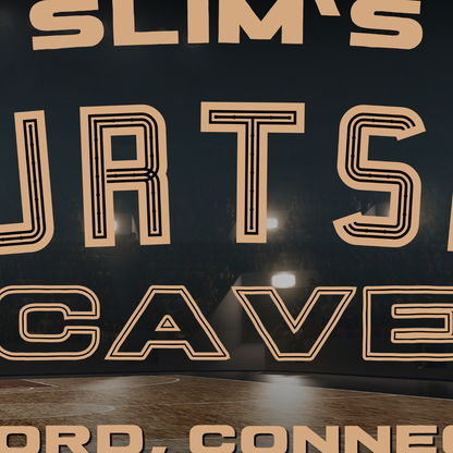 Personalized Basketball Sign featuring SLIM'S COURTSIDE CAVE with bold graphics, perfect for a man cave decor.