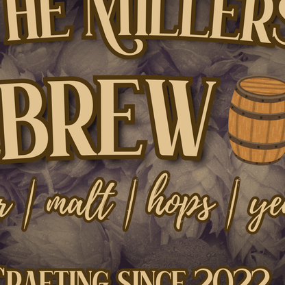 Personalized Homebrewing Sign featuring custom brewery name and rustic barrel design with hops texture.