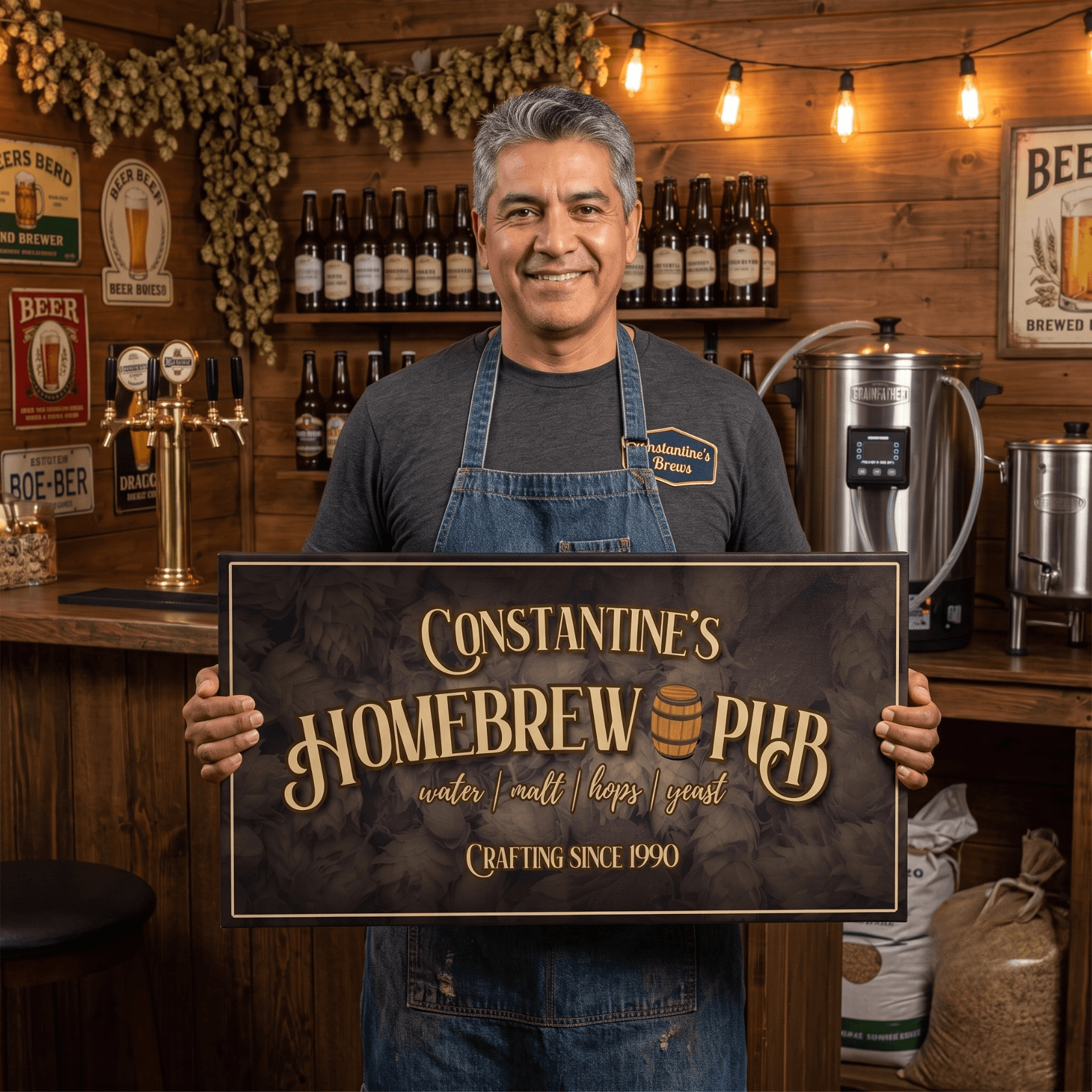 Personalized Homebrewing Sign displayed by a man in a rustic homebrew pub setting.