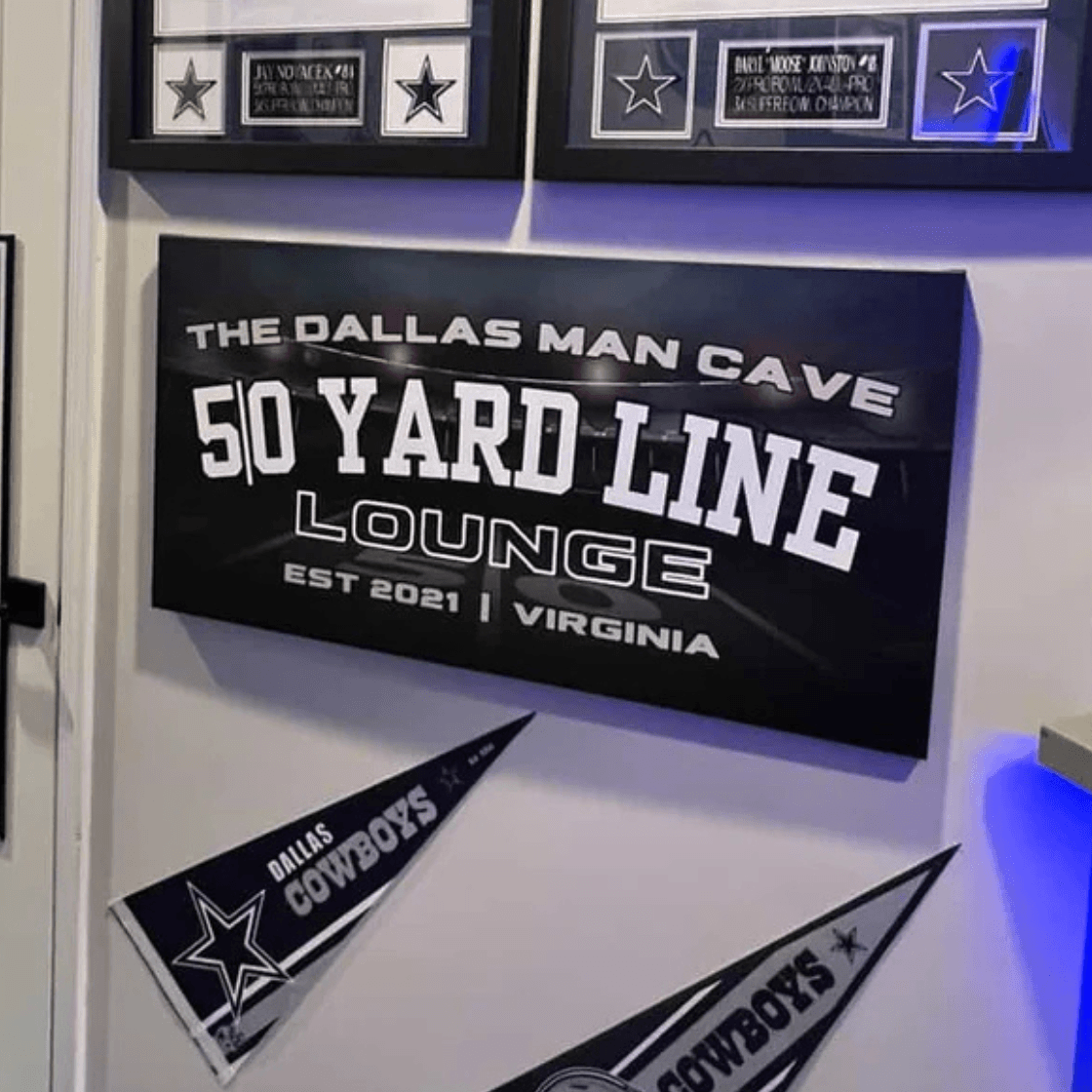 Football Canvas featuring the 50 Yard Line Lounge sign in a Dallas man cave decor setting.