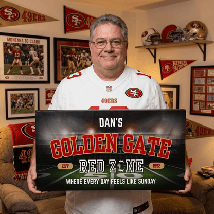 San Francisco Football Sign displayed by a fan in a 49ers jersey, personalized wall art for man cave.