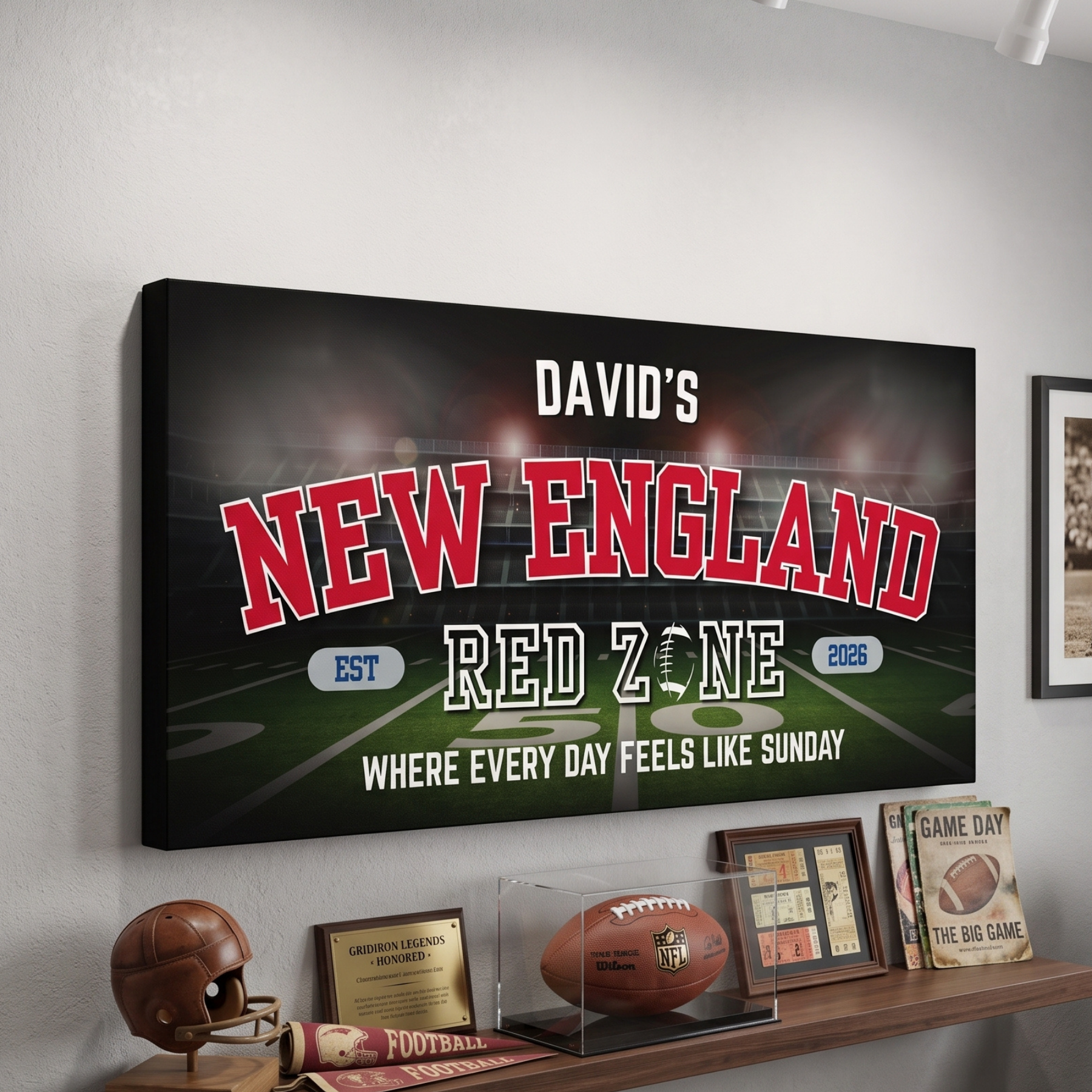 Personalized New England Football Sign canvas wall art for man cave decor.