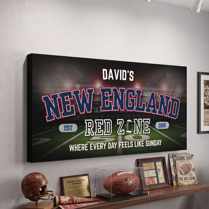 Personalized New England Football Sign decor showcasing bold lettering and fan-themed design for a man cave.