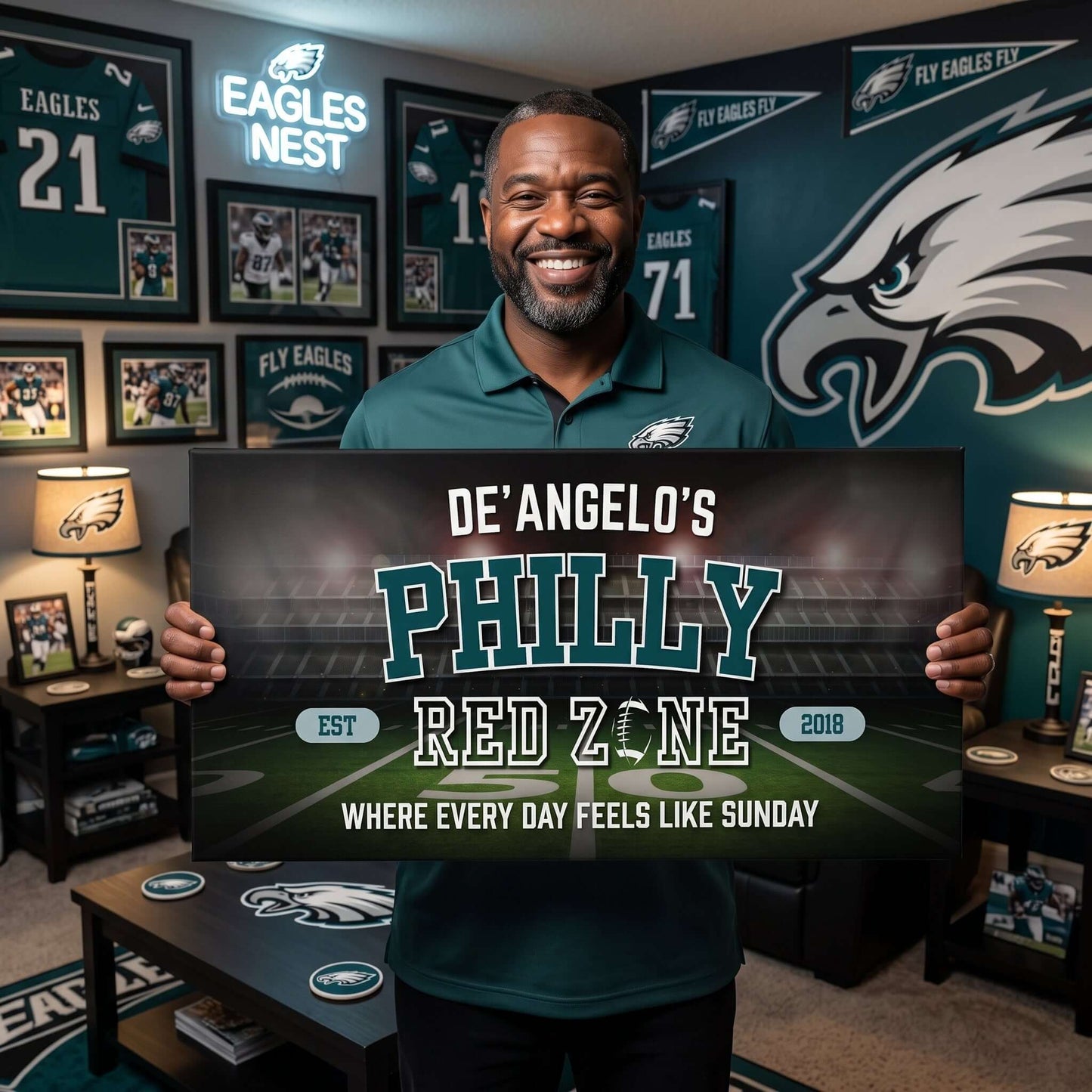 Man holding a personalized Philadelphia Football Sign in a decor featuring Eagles memorabilia.