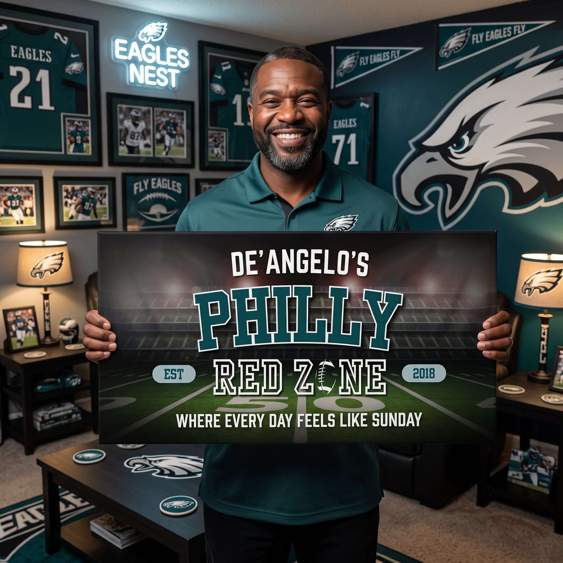Man holding a personalized Philadelphia Football Sign in a decor featuring Eagles memorabilia.