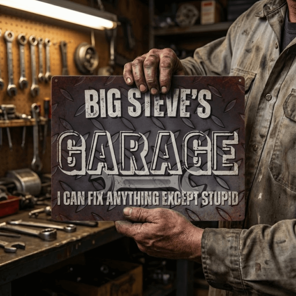 Metal Garage Sign featuring personalized diamond plate design with humorous quote, perfect for garage decor.