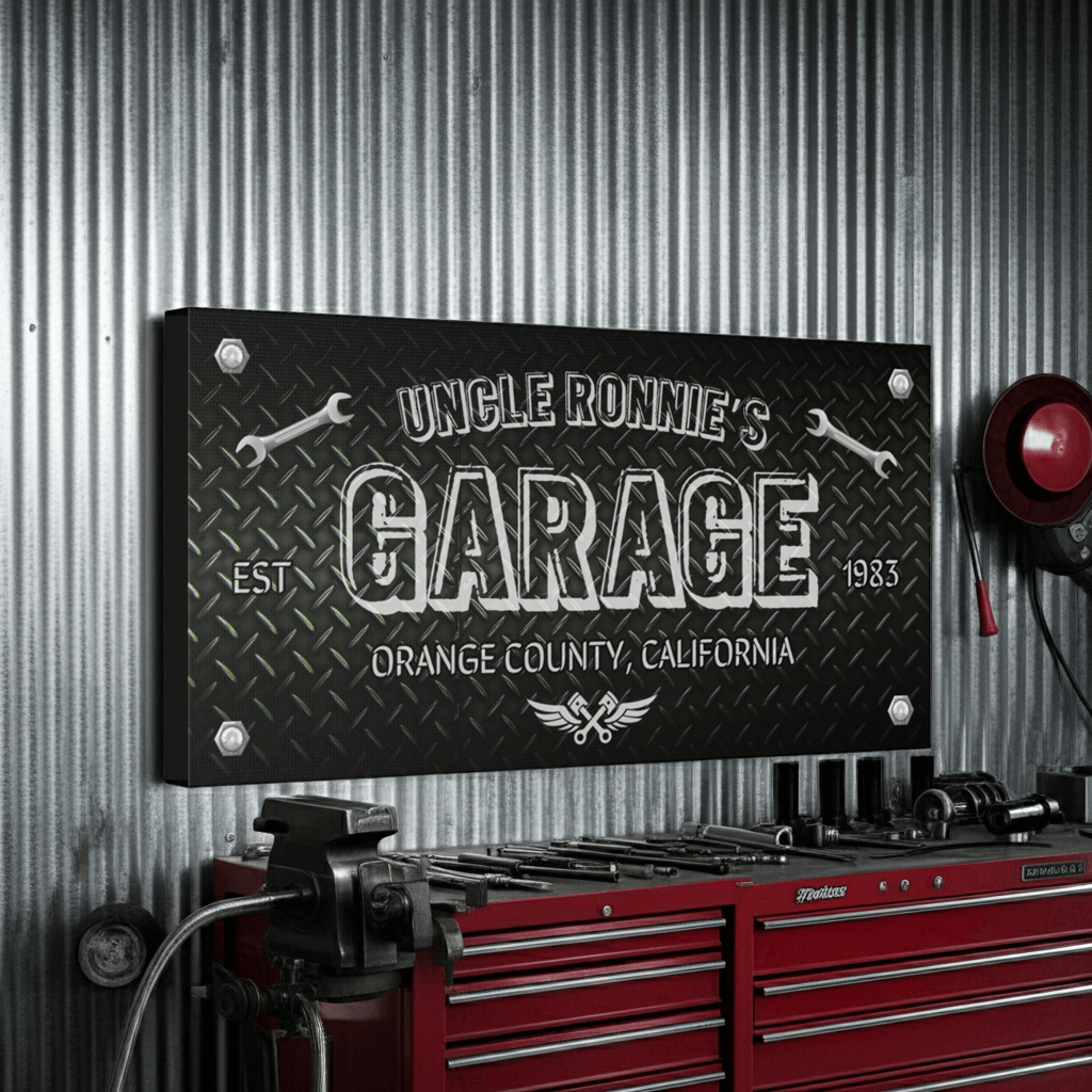 Personalized Diamond Plate Mechanic's Garage Canvas