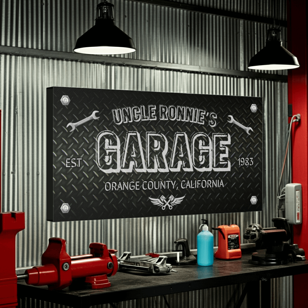 Personalized Mechanic's Garage Sign | Diamond Plate Canvas