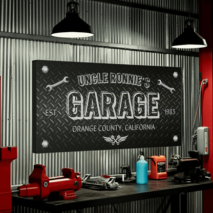 Personalized Mechanic's Garage Sign | Diamond Plate Canvas
