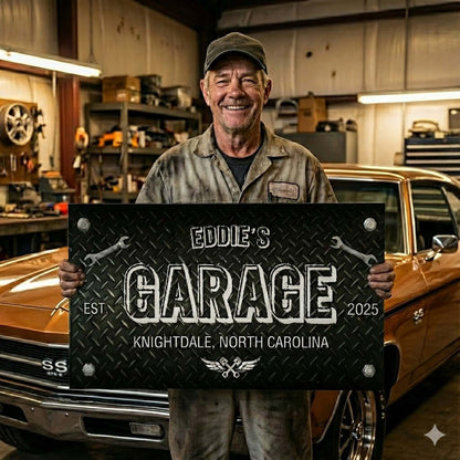 Personalized Mechanic's Garage Sign | Diamond Plate Canvas