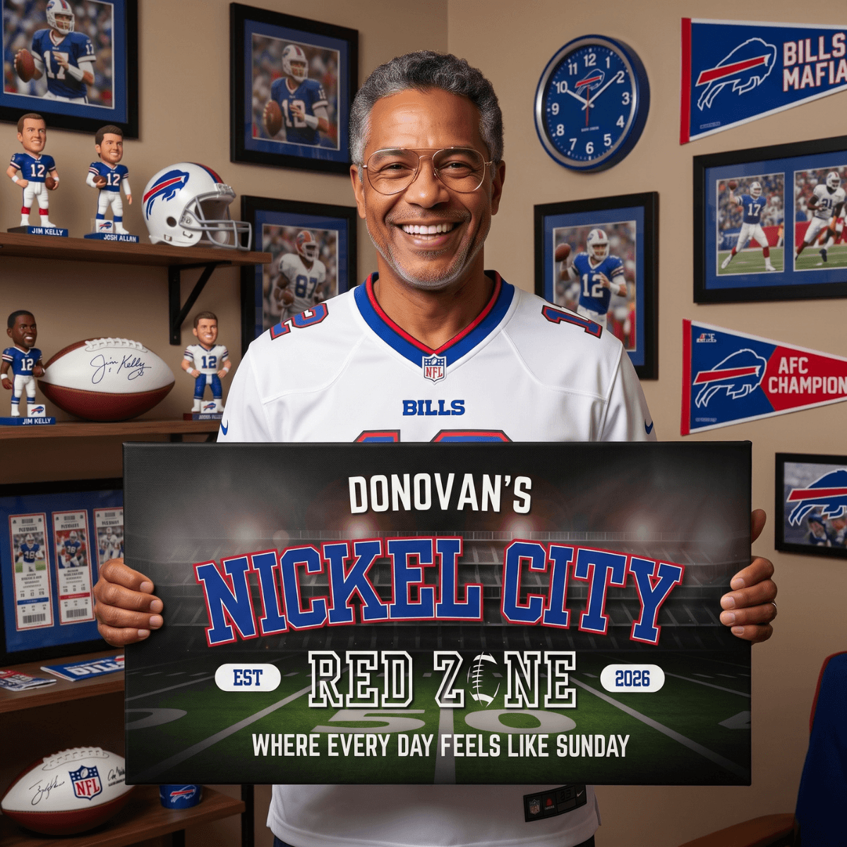 Buffalo Football Sign featuring personalized Nickel City Red Zone design for ultimate fan cave decor.