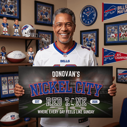 Buffalo Football Sign featuring personalized Nickel City Red Zone design for ultimate fan cave decor.
