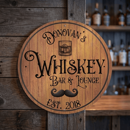 Whiskey Barrel Sign with personalized design for Donovan's Whiskey Bar & Lounge, established 2018