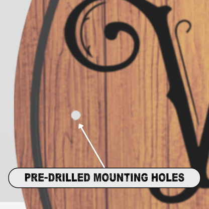 Close-up of a Whiskey Barrel Sign showing pre-drilled mounting holes for easy installation.