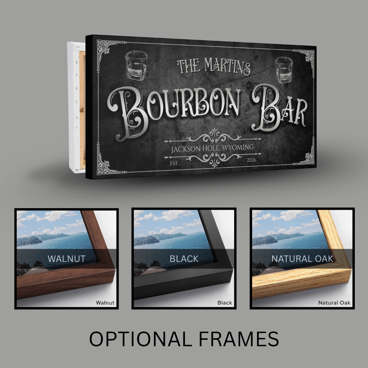 Personalized Bourbon Bar Sign featuring optional frames in walnut, black, and natural oak for home decor.