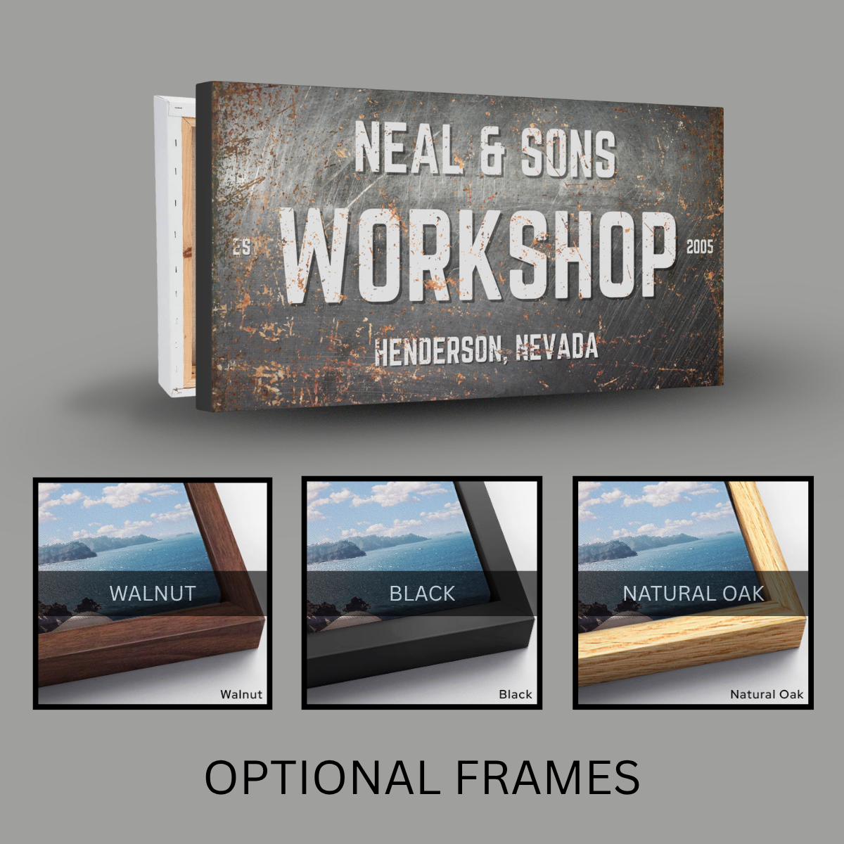 Personalized Workshop Sign with weathered metal design, customizable name and location, with optional frames shown.