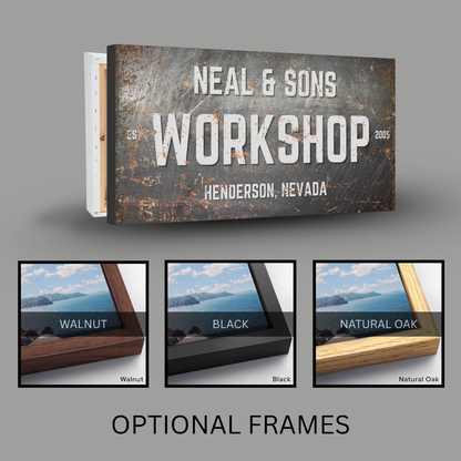 Personalized Workshop Sign with weathered metal design, customizable name and location, with optional frames shown.