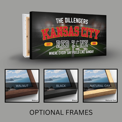 Kansas City Football Sign featuring personalized design and optional frames in Walnut, Black, and Natural Oak.