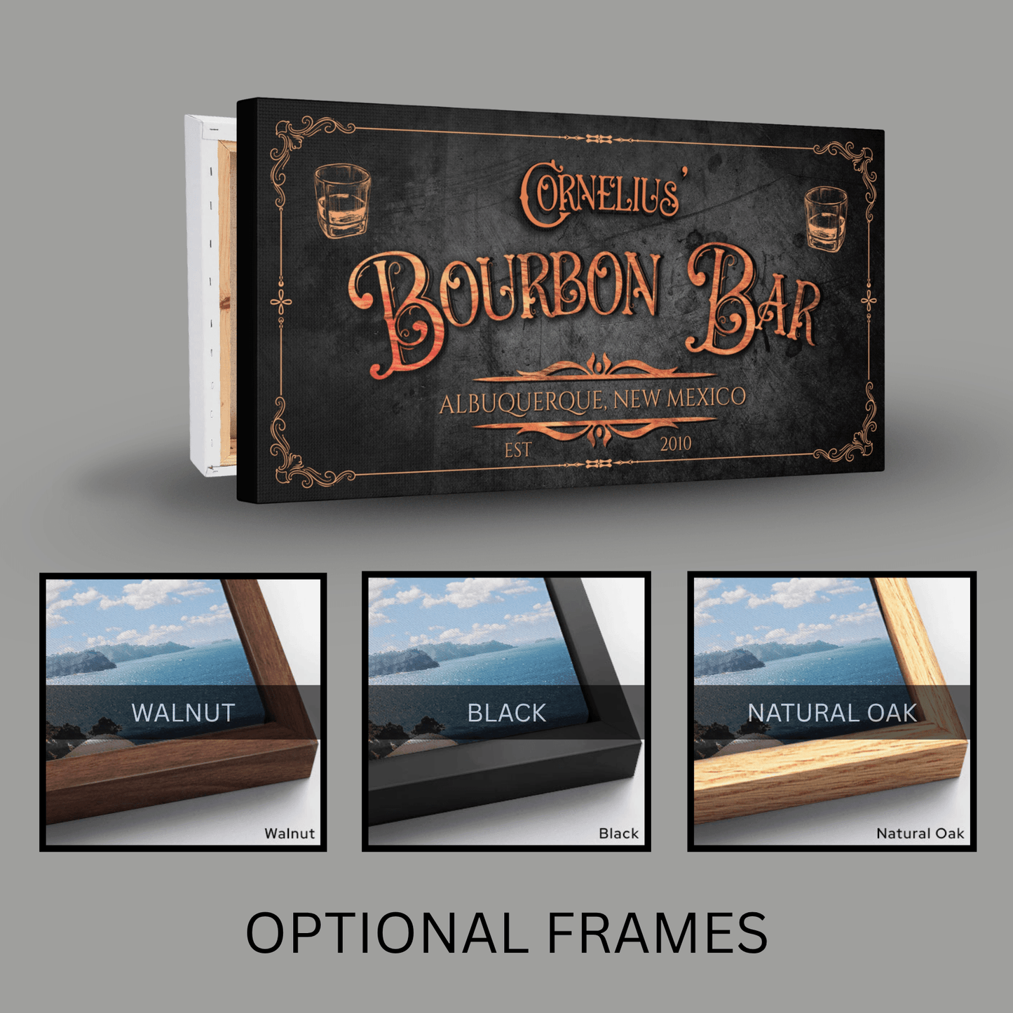 Bourbon Bar Sign featuring a personalized design with optional frames in walnut, black, and natural oak.