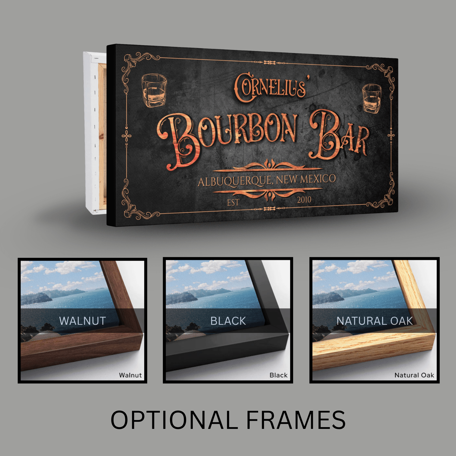 Bourbon Bar Sign featuring a personalized design with optional frames in walnut, black, and natural oak.
