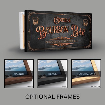 Bourbon Bar Sign featuring a personalized design with optional frames in walnut, black, and natural oak.