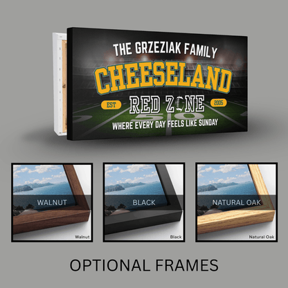Green Bay Football Sign featuring the Grzeziak Family, personalized canvas wall art with optional frames in walnut, black, and natural oak.