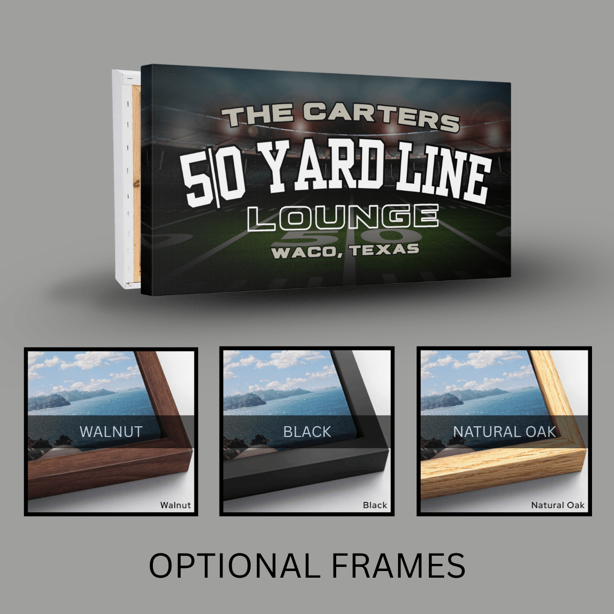 Football Canvas showcasing personalized 50 Yard Line Lounge sign with optional frames in walnut, black, and natural oak.