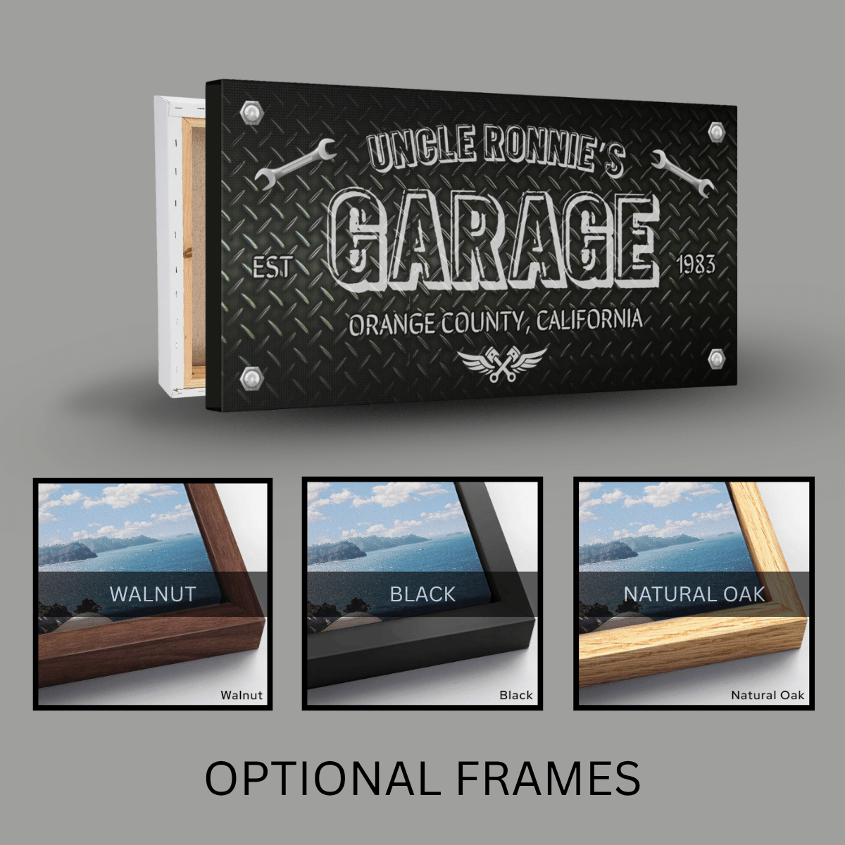 Diamond Plate Sign personalized for Uncle Ronnie's Garage in Orange County, California with optional frames.