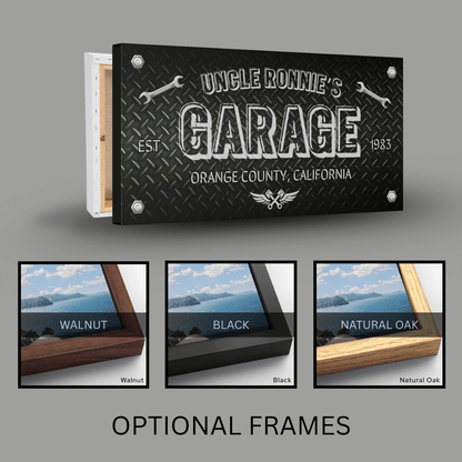 Diamond Plate Sign personalized for Uncle Ronnie's Garage in Orange County, California with optional frames.