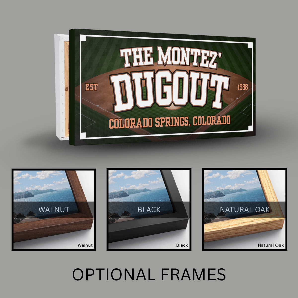Personalized baseball canvas featuring "The Montez' Dugout" design with optional frames: walnut, black, and natural oak.