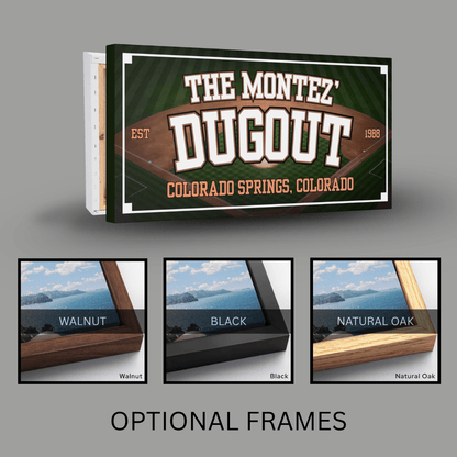 Personalized baseball canvas featuring "The Montez' Dugout" design with optional frames: walnut, black, and natural oak.