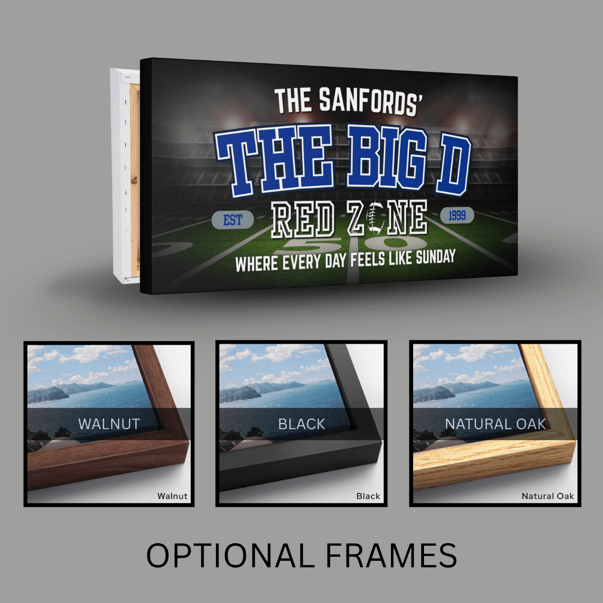 Dallas Football Sign featuring personalized name, The Big D, Red Zone, and optional frames for a man cave.