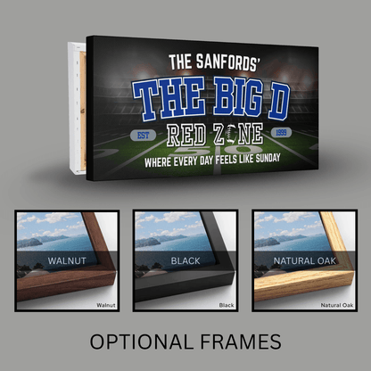 Dallas Football Sign featuring personalized name, The Big D, Red Zone, and optional frames for a man cave.
