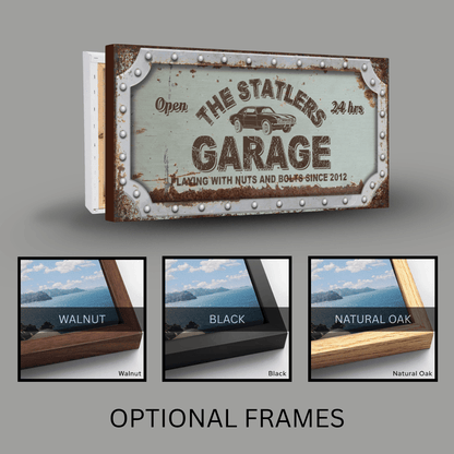 Vintage Garage Sign featuring rusted effect and custom name with optional frames in walnut, black, and natural oak.