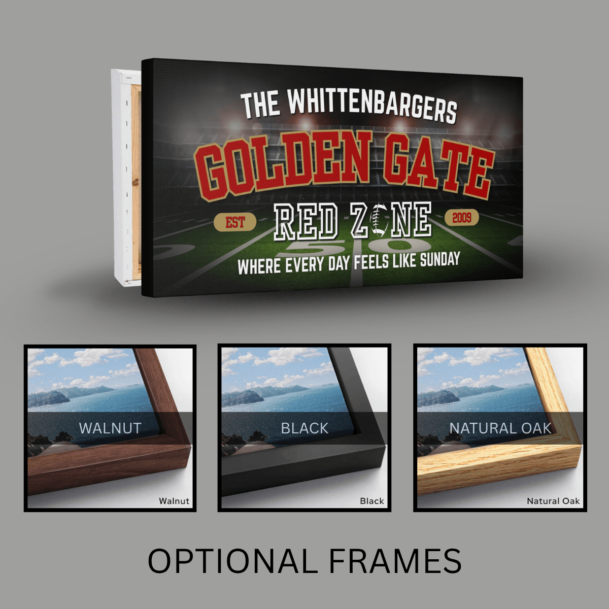 San Francisco Football Sign featuring personalized 'Golden Gate' design and optional frames in walnut, black, and natural oak.