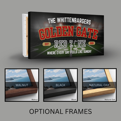 San Francisco Football Sign featuring personalized 'Golden Gate' design and optional frames in walnut, black, and natural oak.