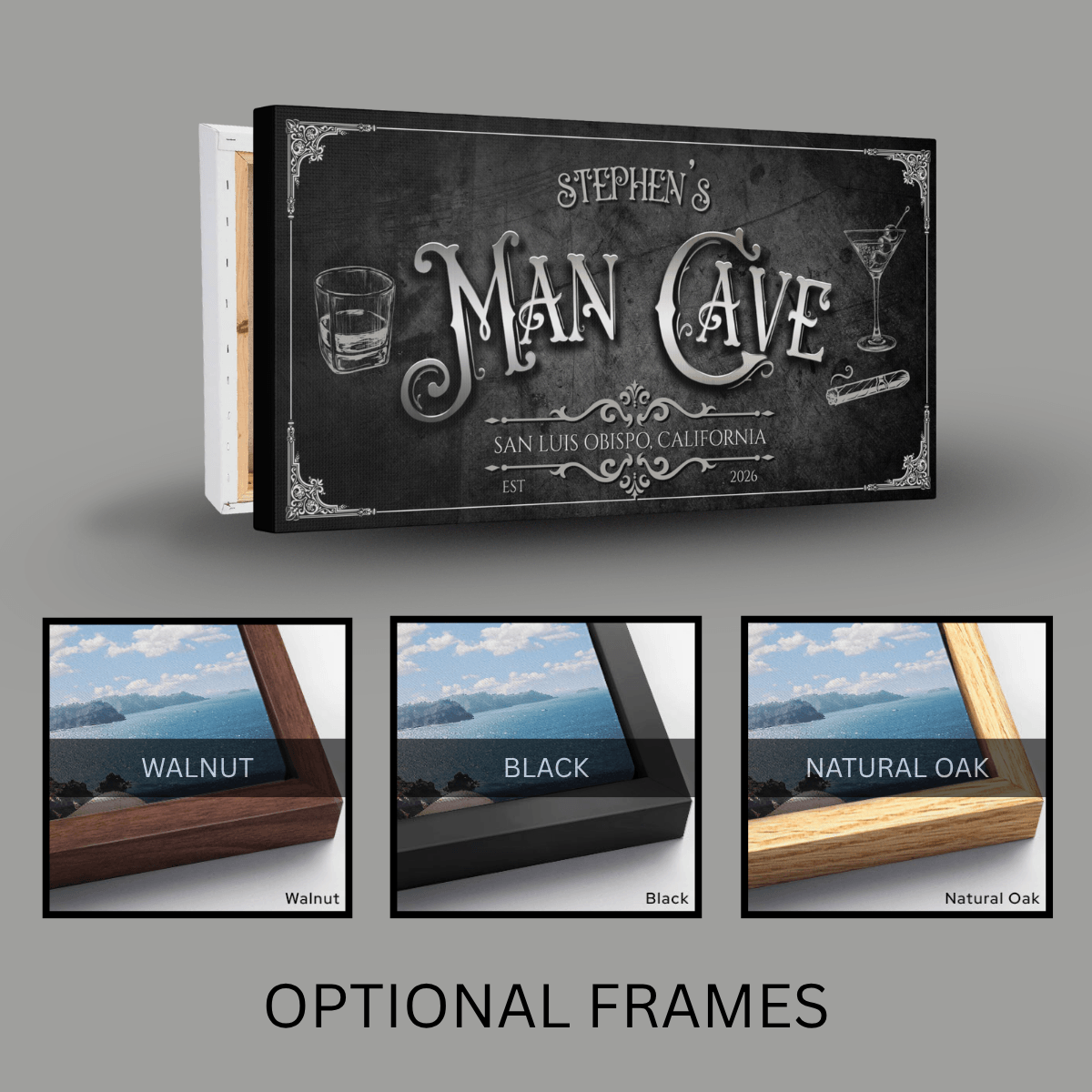 Vintage Man Cave Sign personalized for Stephen's Man Cave, featuring optional walnut, black, and natural oak frames.
