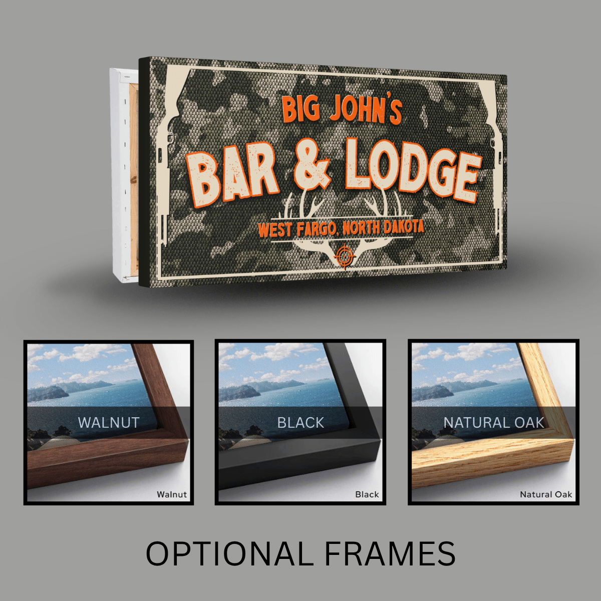 Hunting Lodge Sign personalized for Big John's Bar & Lodge with optional frames shown in walnut, black, and natural oak.