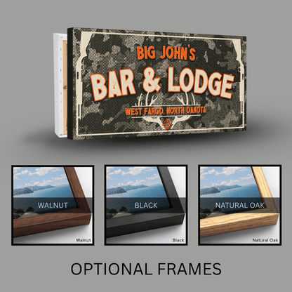 Hunting Lodge Sign personalized for Big John's Bar & Lodge with optional frames shown in walnut, black, and natural oak.
