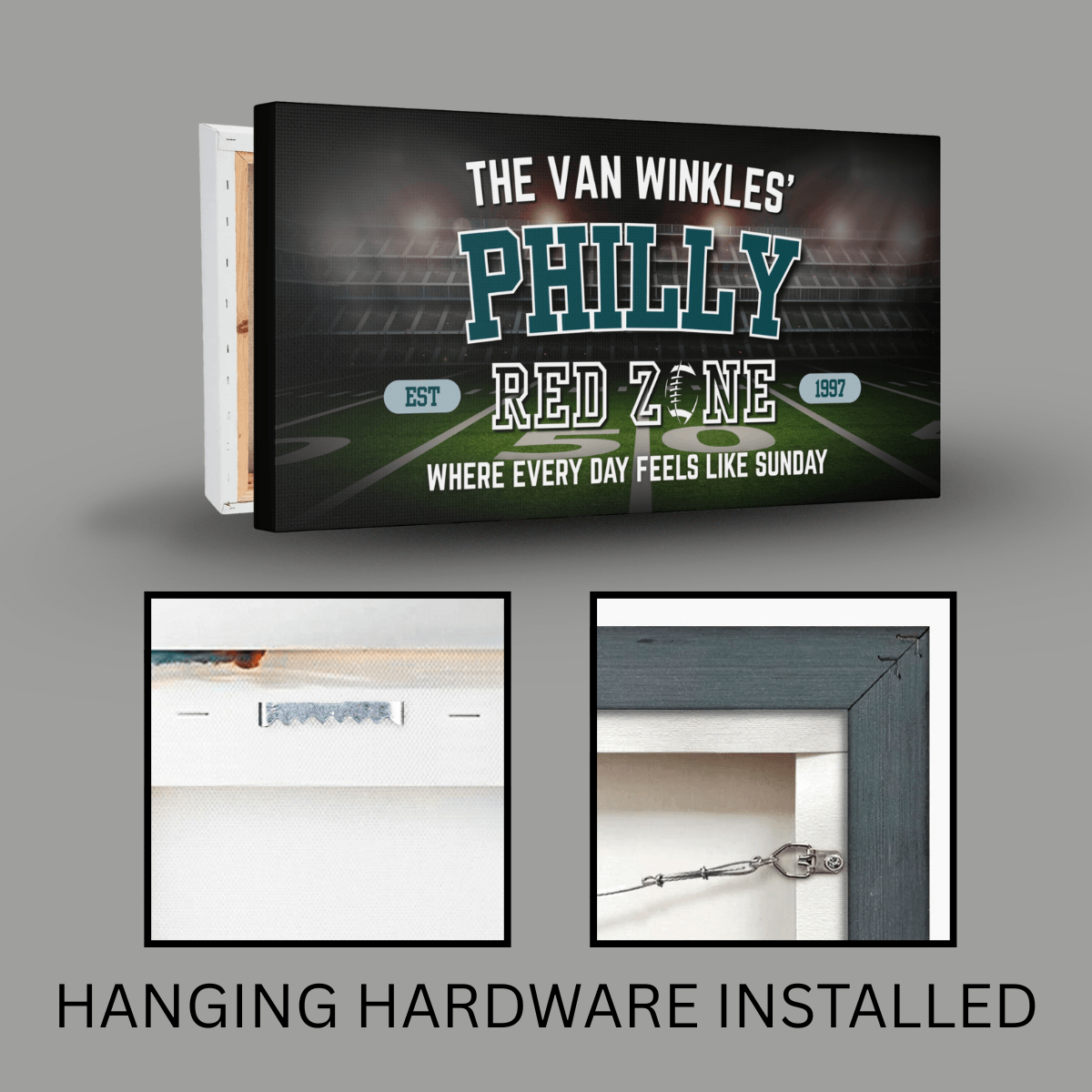 Personalized Philadelphia Football Sign showcasing bold lettering and hanging hardware for man cave wall art.