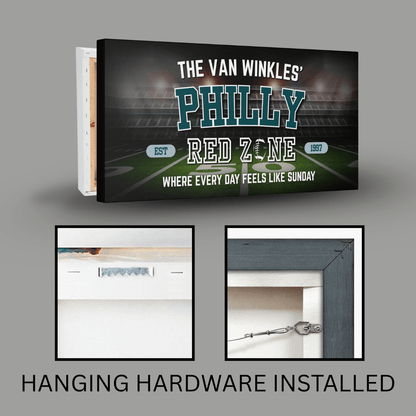 Personalized Philadelphia Football Sign showcasing bold lettering and hanging hardware for man cave wall art.