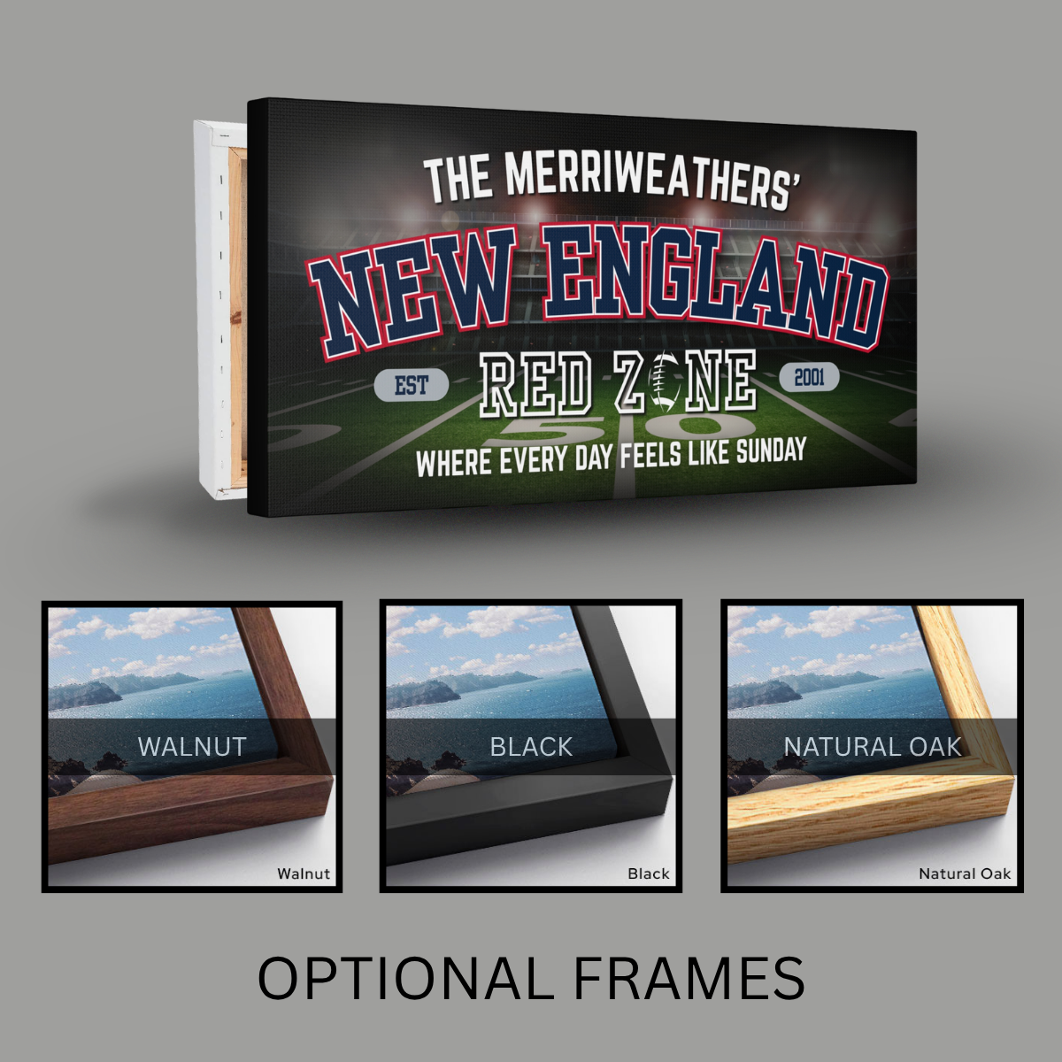 New England Football Sign featuring personalized name and optional frames in walnut, black, and natural oak.