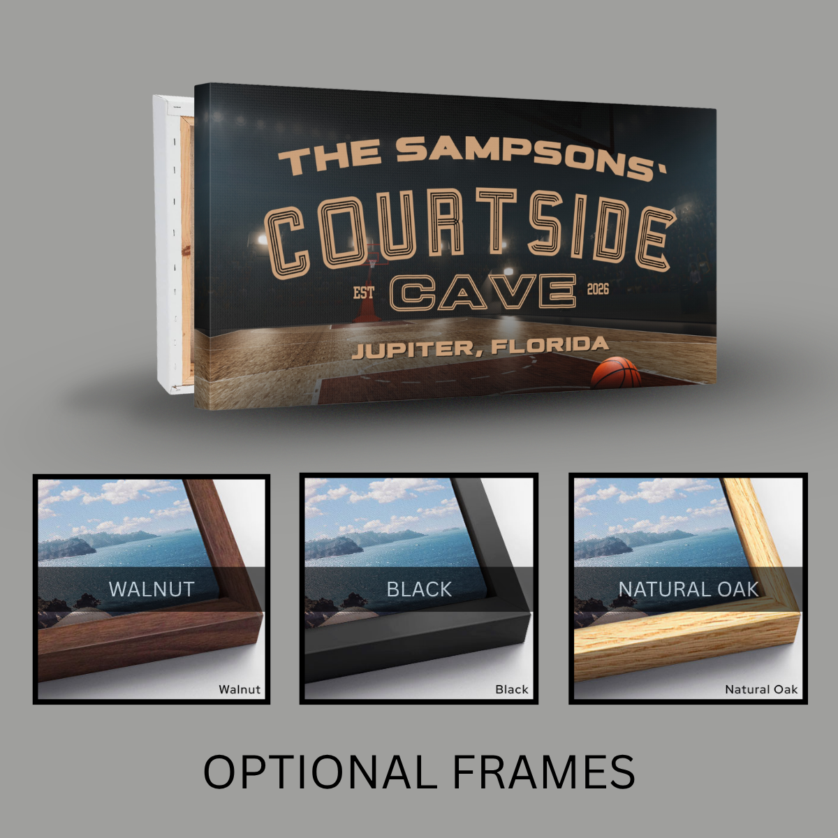 Personalized Basketball Sign featuring 'Courtside Cave' design, customizable with name, city, and options for frames.