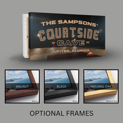 Personalized Basketball Sign featuring 'Courtside Cave' design, customizable with name, city, and options for frames.