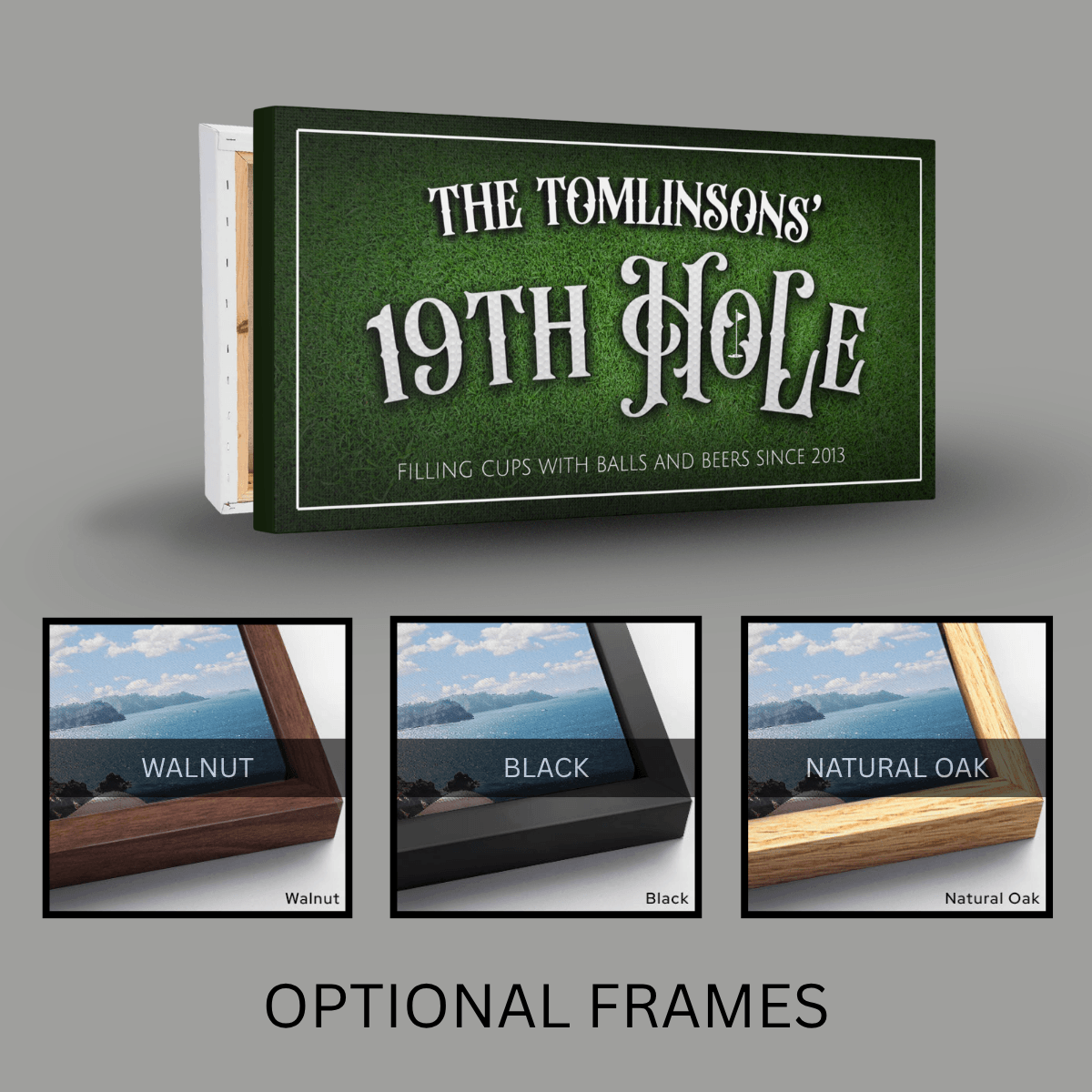 Personalized 19th Hole Sign design with customizable frames for a golf-themed man cave.