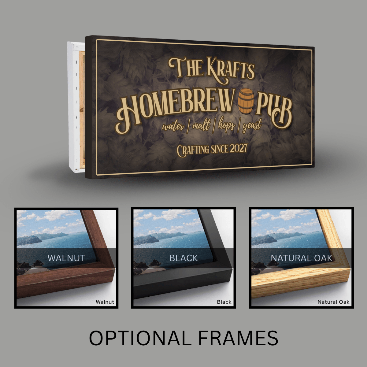 Personalized Homebrewing Sign with rustic design and optional frames in walnut, black, and natural oak.