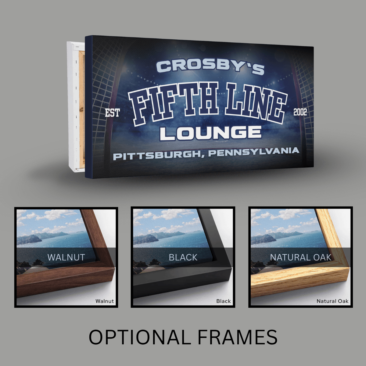 Hockey Man Cave Wall Art featuring Crosby's Fifth Line Lounge, customizable with year, name, and city, framed options in Walnut, Black, and Natural Oak.