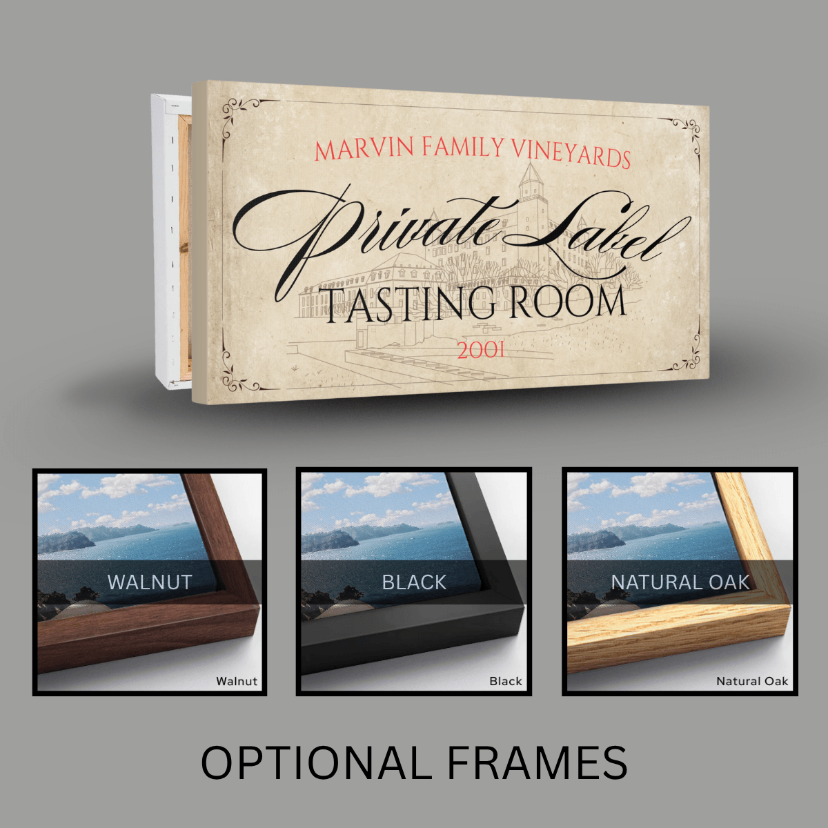 Wine Bar Sign featuring personalized wine label design with optional frames in walnut, black, and natural oak.