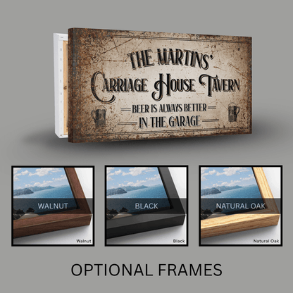 Garage Beer Sign featuring customizable name and frame options in walnut, black, or natural oak.